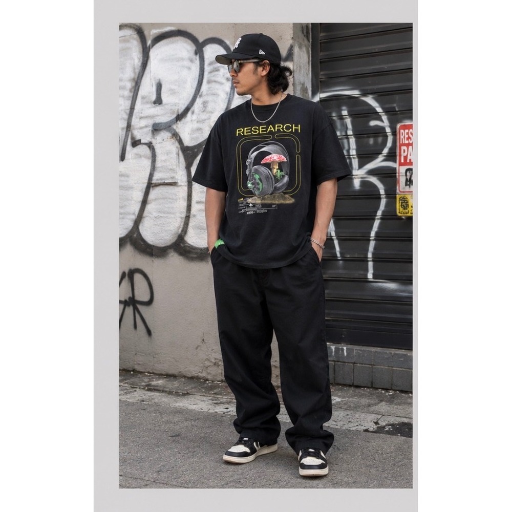 LRG Research Mushroom Headphones Graphic T-Shirt Mens XL Black Streetwear Cotton